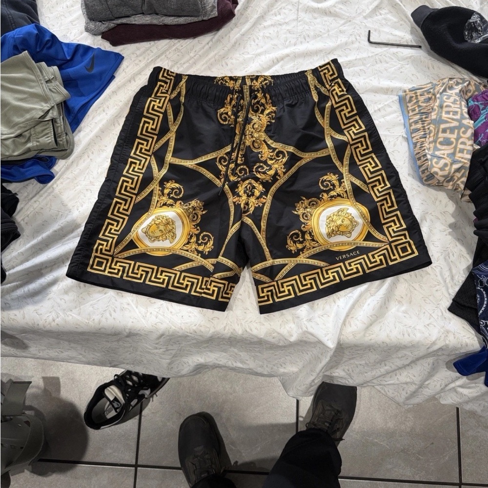 Versace Black and Gold Baroque Swim Trunks